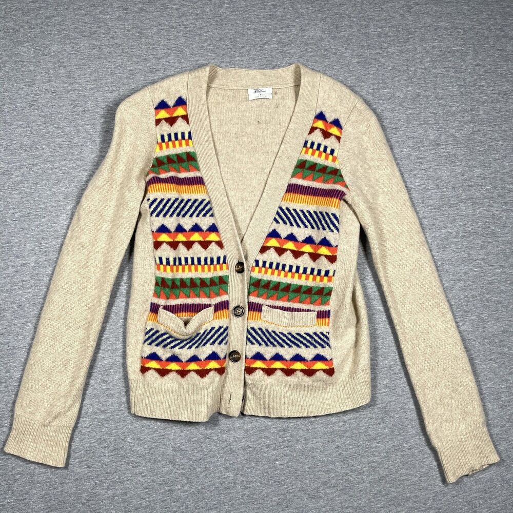 Wallace Cardigan Womens S Beige Fair Isle 100% Merino Wool Pockets V-Neck Aztec